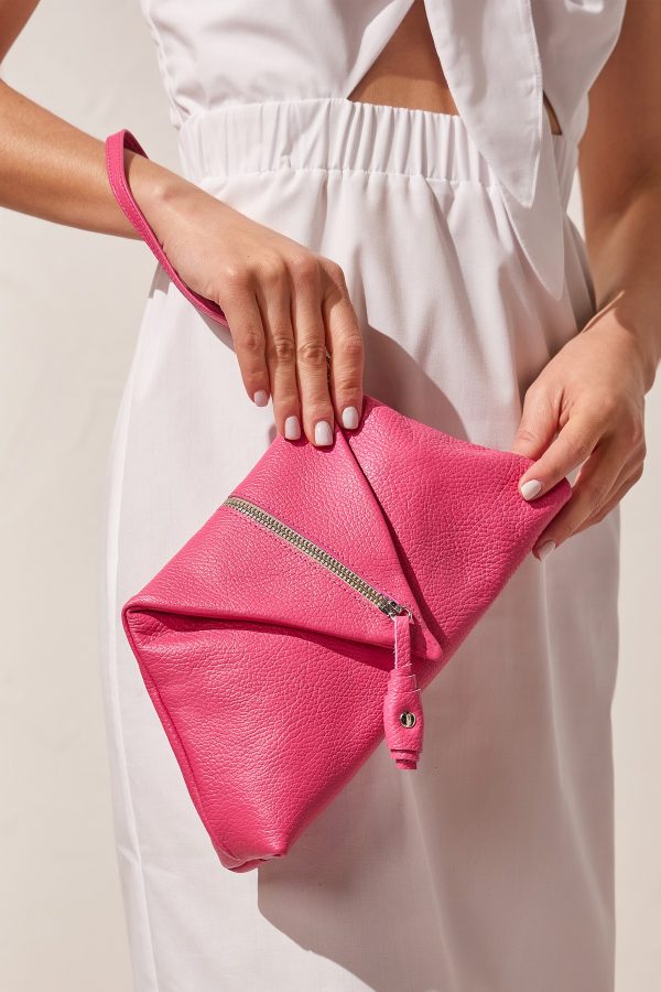 pink leather clutch