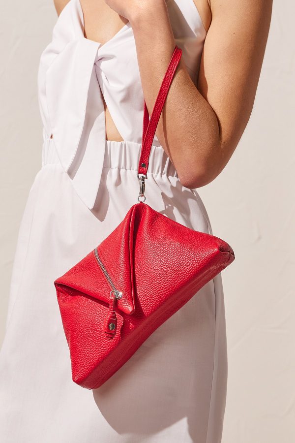 red leather clutch bag
