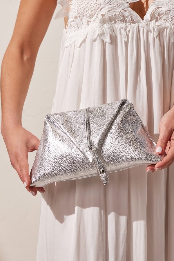 silver leather clutch bag