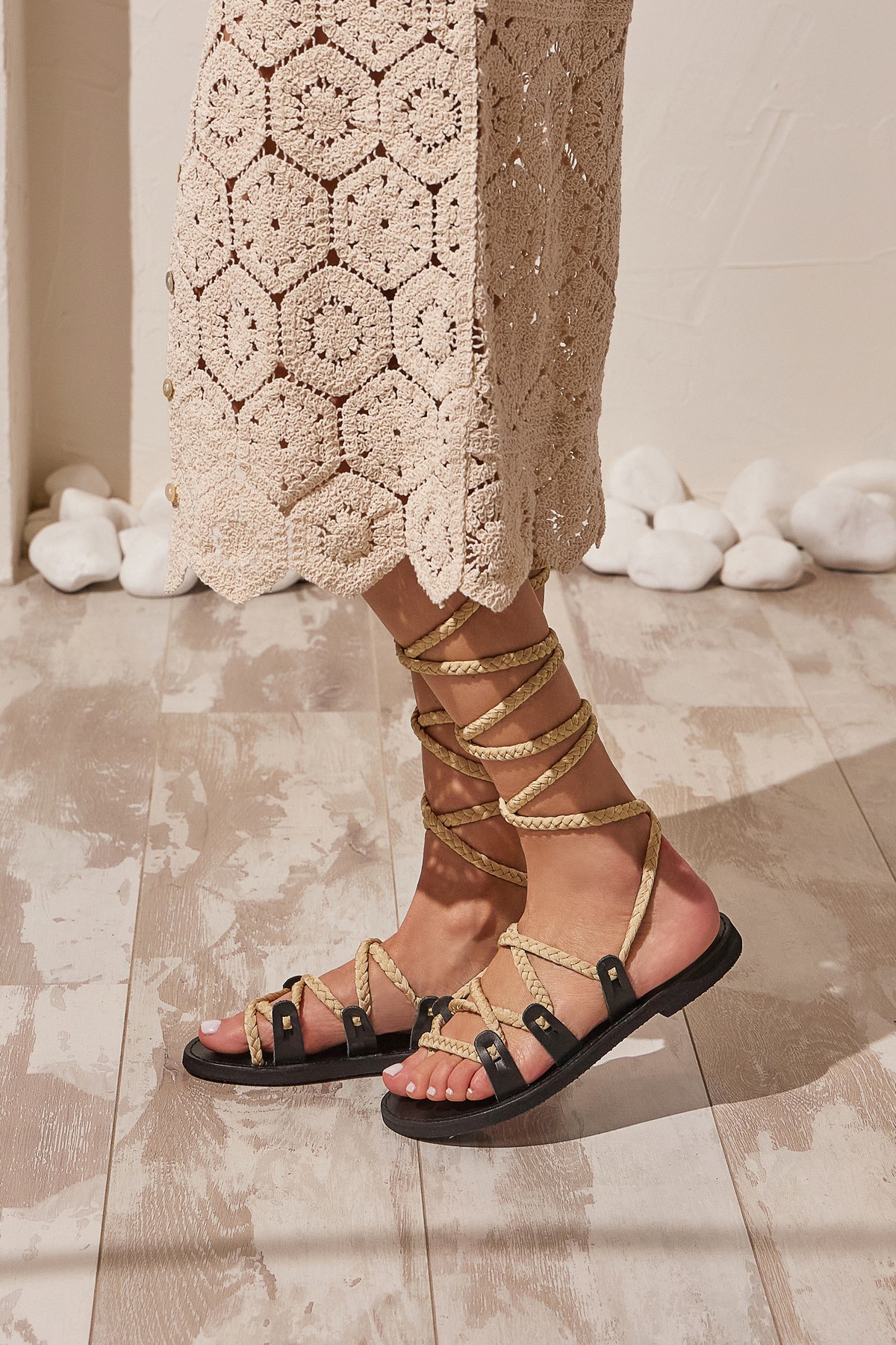 leather flat sandals lace up