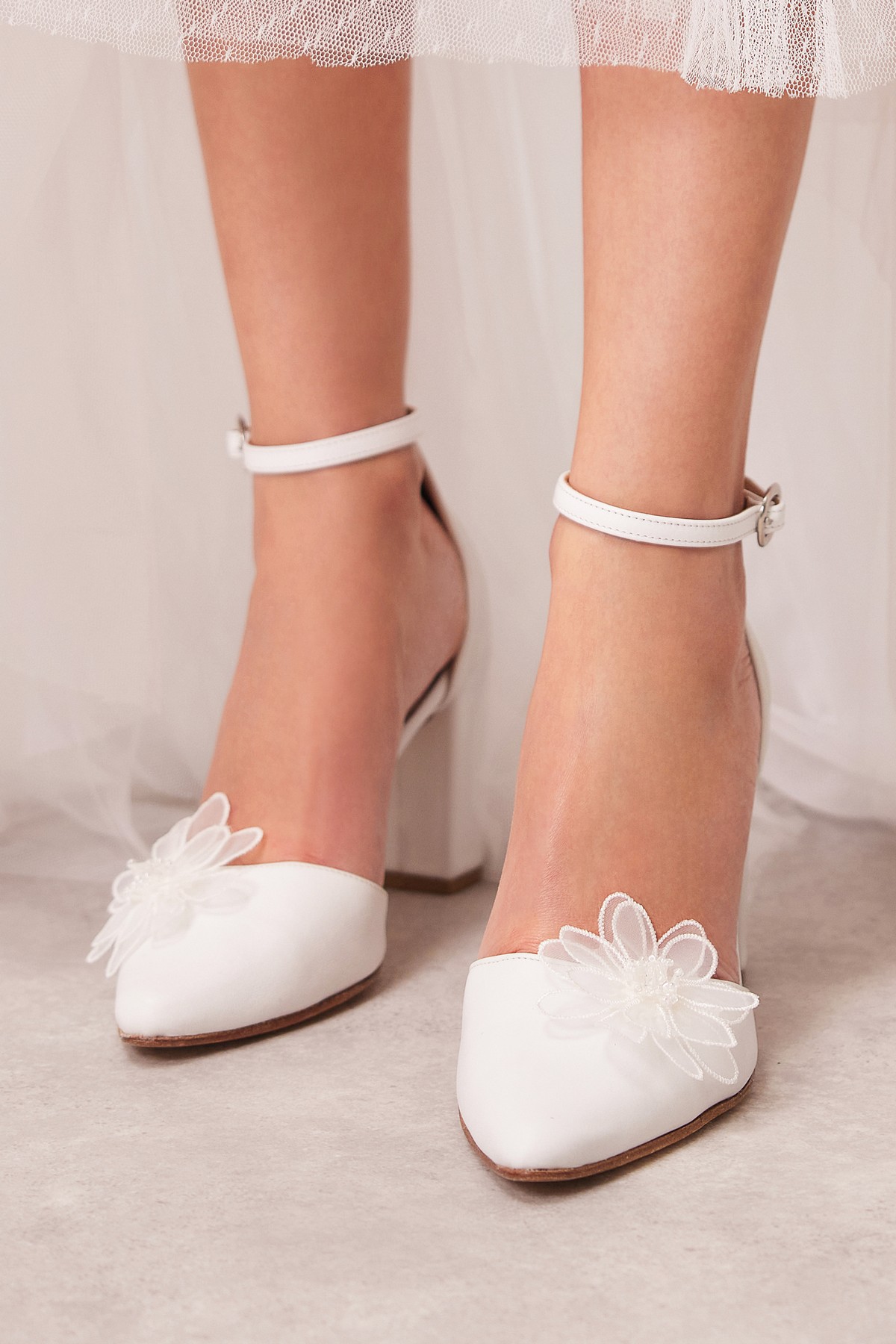 bridal pumps with flower and ankle strap