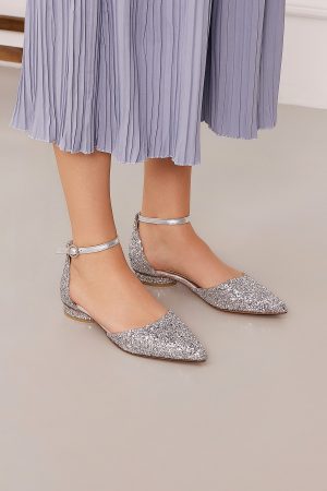 silver ballet flats with ankle strap
