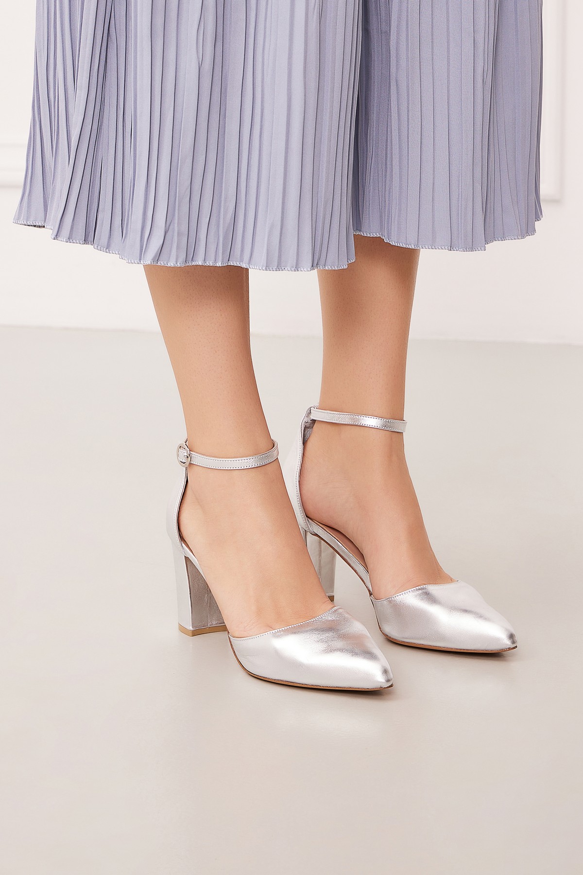 Silver pointy toe shoes with ankle strap