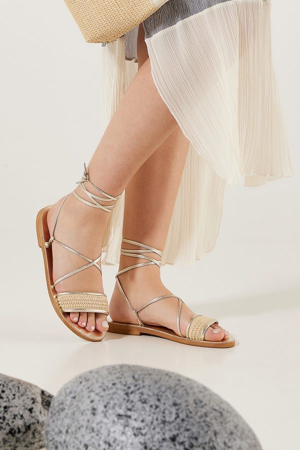 Gold leather sandals flat